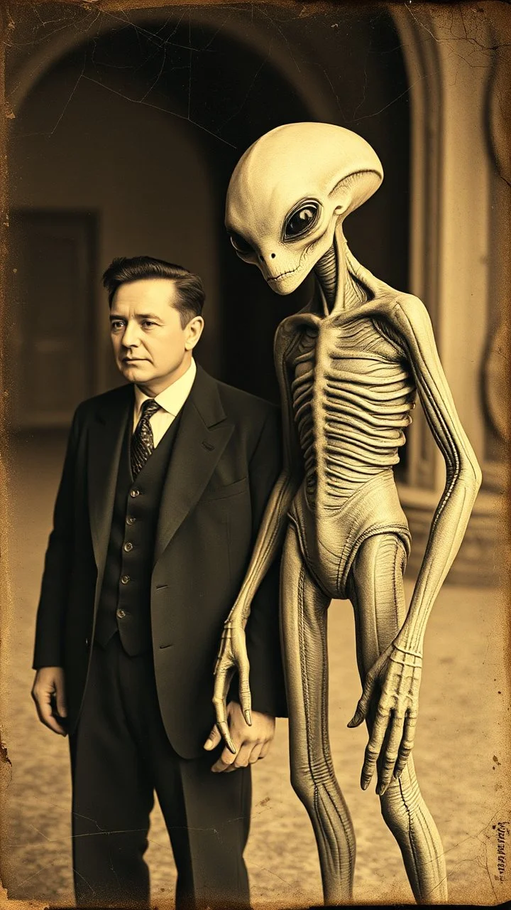 An old picture style of white and brown and very bad quality old camera with cracks of Elon Musk standing with an Alien who is wearing a suit, the year 1900