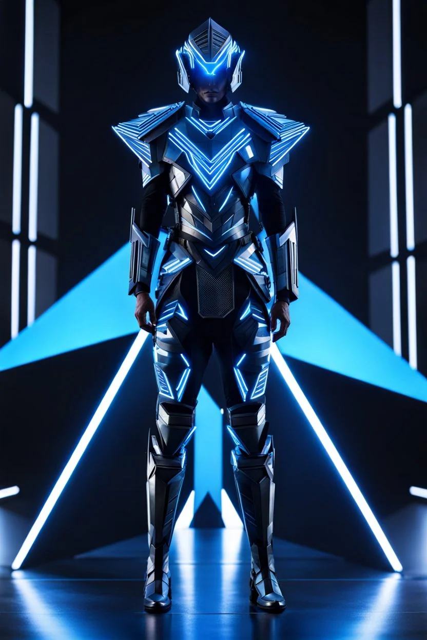 neon blue, floating parts of armor in form of triangles, cyber armor, geometric patterns on armor, male, orbiting triangle