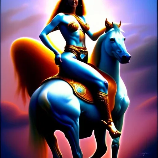 fullbody portrait of beautiful amazon woman riding a horse by Boris Vallejo 8k