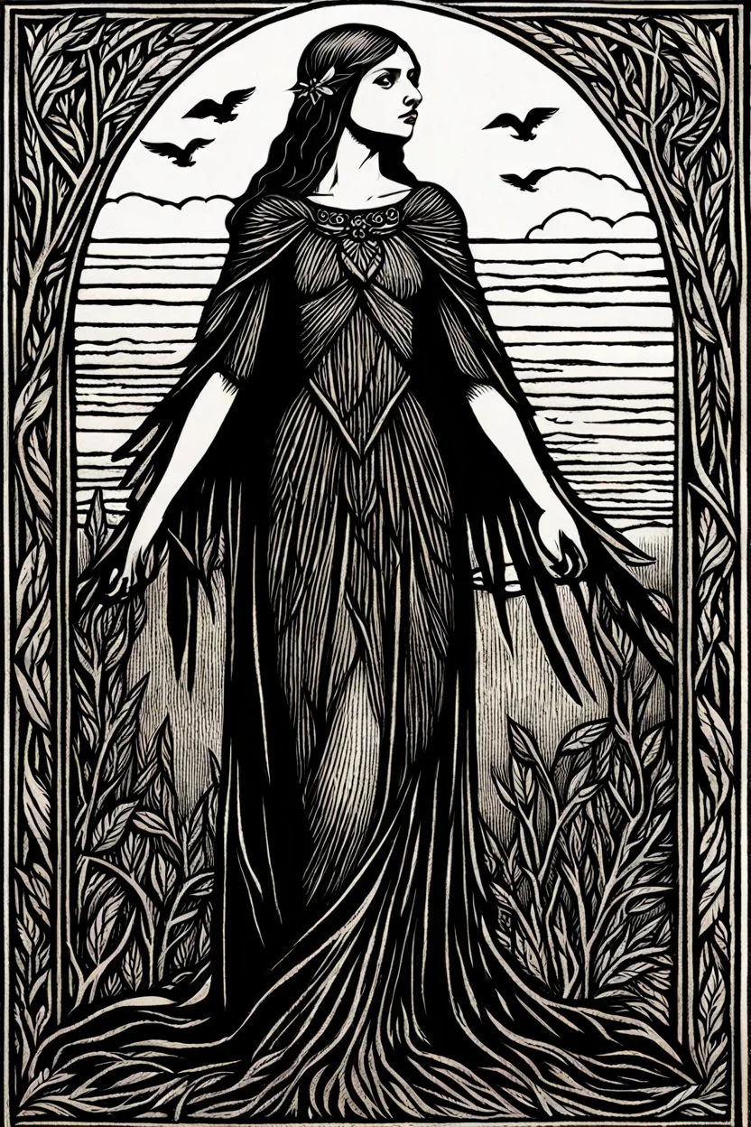 create a deeply powerful tragic, heart wrenching, and evocative, full body woodcut of a raw and weathered raven maiden girl with highly detailed and deeply cut facial features, in the style of EDWARD BURNE-JONES, and KATHE KOLLWITZ , searing lines and forceful strokes