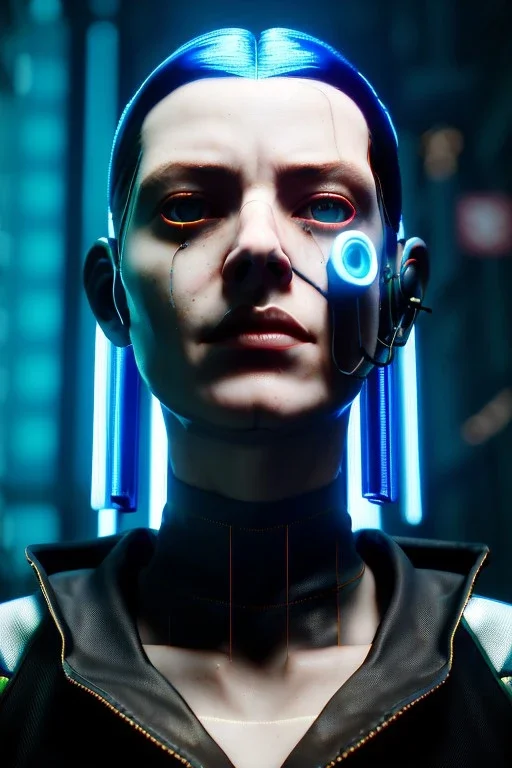 Cyberpunk portrait, pretty British woman:: symmetry photography, cyberpunk, blue long hair, face make-up, black line eye, light iris eye, :: kenzo fashion style, coat :: cinematic, Ultra realistic, dark scene, soft color, highly detailed, unreal engine 5, RTX, ultra detail, 3d, finely drawn, high definition.