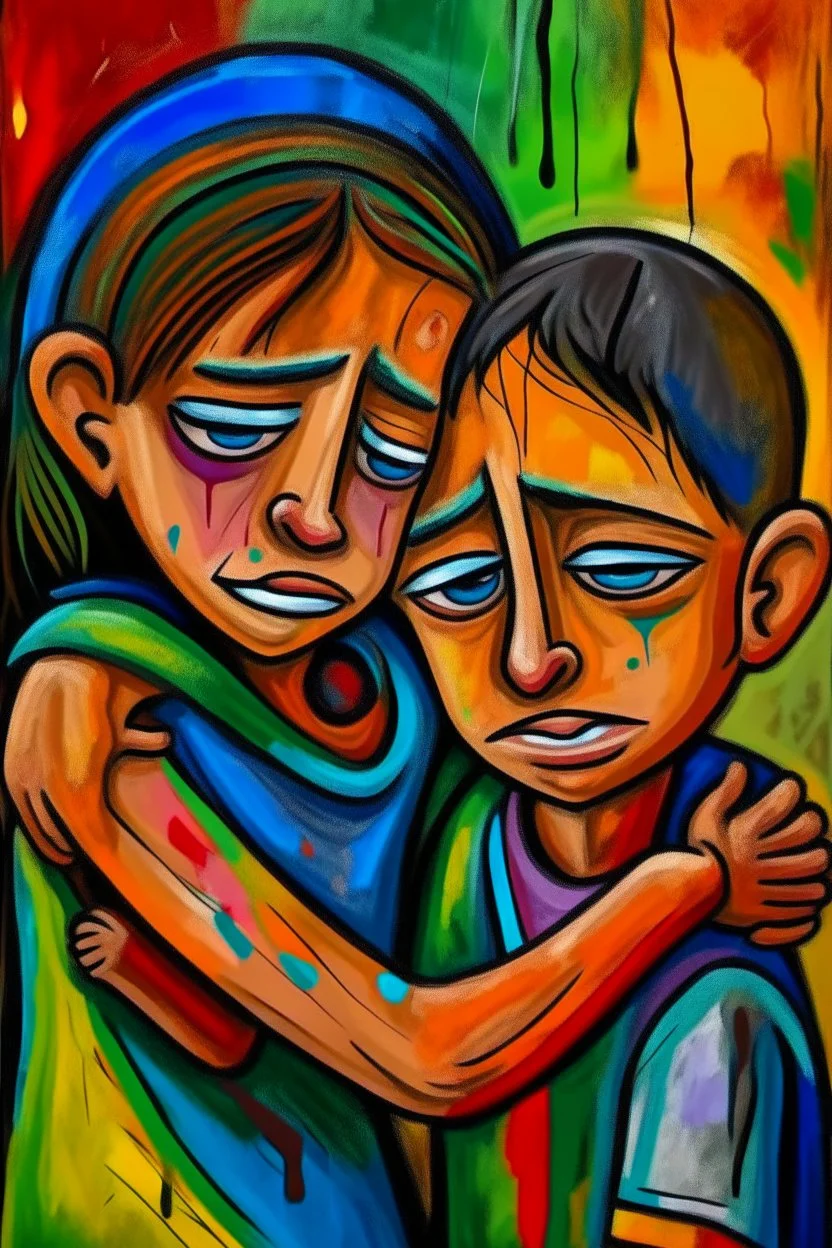 a girl hug her brother and both crying sadly, expressionism, Pixar style, in abstract art Basquiat, Picasso, Miro, Kandinsky, Klee, Birell, Fairey, Ardon, Buffet aand Picasso style, HD --s 750 --v 5.1 --style raw, water color