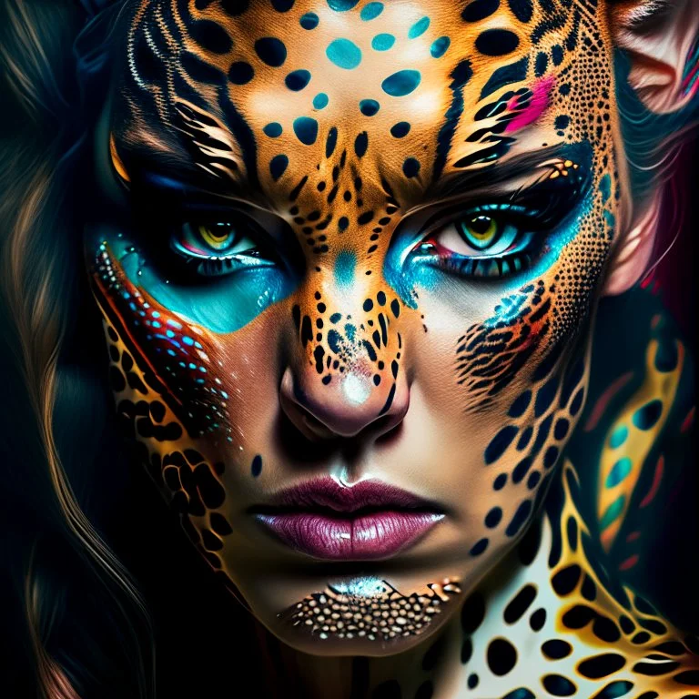 candy leopard, portrayed with the intricate facial features and extremely detailed pupils characteristic of Stefan Gesell's style, blended with the elongated forms and dramatic chiaroscuro reminiscent of El Greco, conveyed through a light painting technique with push processing, incorporating holographic elements for a dreamy, vibrant effect, soft skin texture, clarity achieved, supporting a perfect composition, cinematic atmosphere, delicate detail