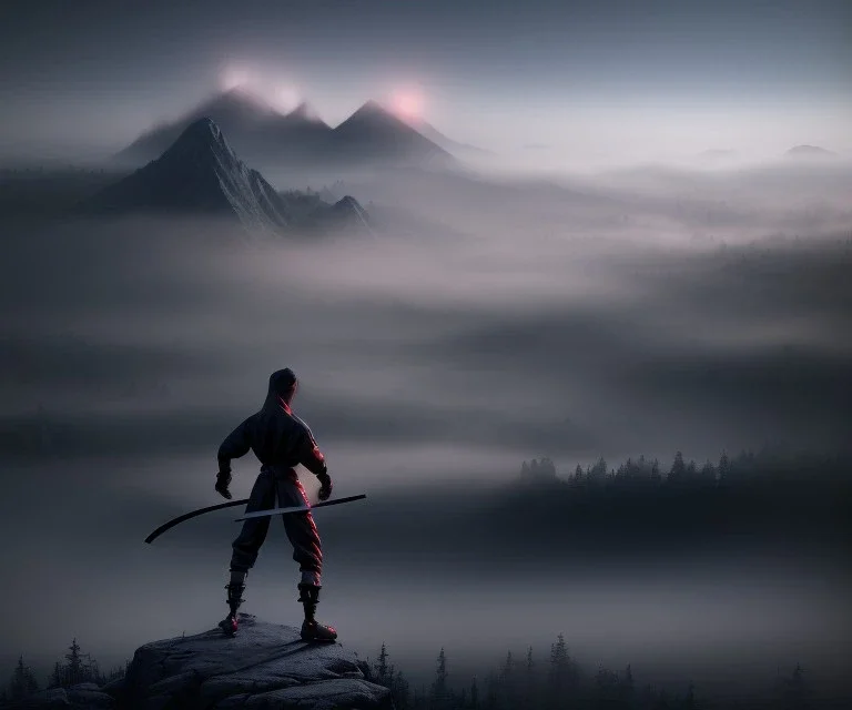 fog as Ninja portrait, black suit, in the night Alps, angels background, volumetric red light, high detail, dark leaf tree, dark mountains in background, perfect, HR Giger style, holding a sword, fighting, cinematic