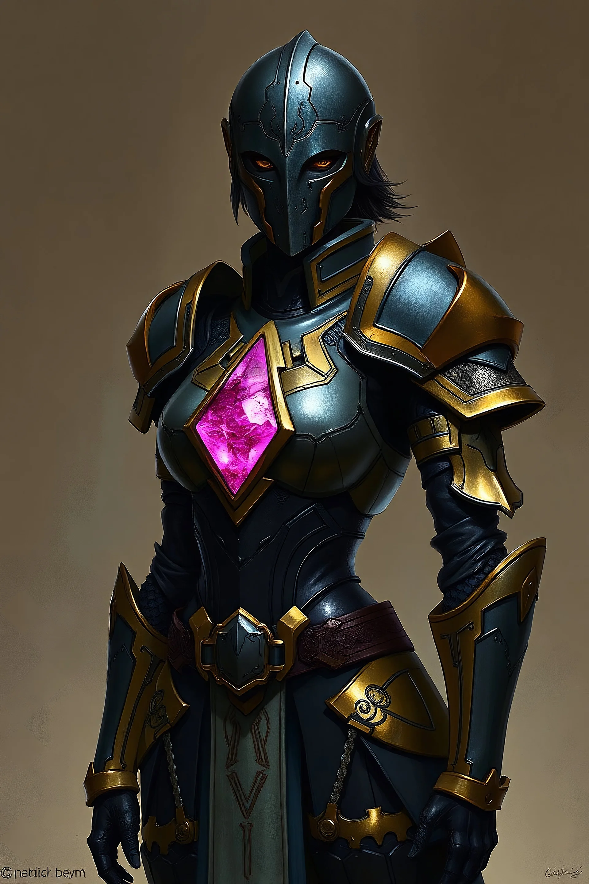 warforged, female, powered-armor, combat-armor, power-armor, pink crystal embedded in chest, slender-frame, lithe, beautiful, humanoid, gold-armor, black-armor, black-hair, DnD, Dungeons and Dragons, Faceless helmet, paladin, black armor, silver embroidery.