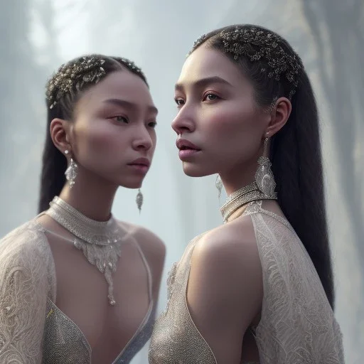 portrait of twin sisters, ultra-realistic, highly detailed, masterpiece, delicate detailed, sharp focus, insanely detailed, fantasy art, intricate detailed, elegant, fog, Special Lighting, Vibrant, color Scheme, unreal engine 5, trending on artstation