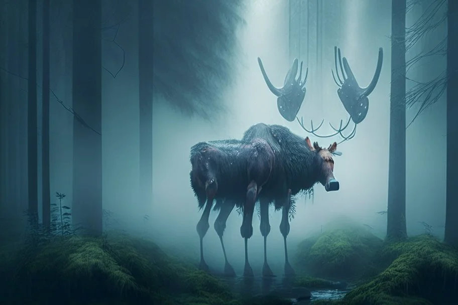 moose with exoskeleton in lush misty forest