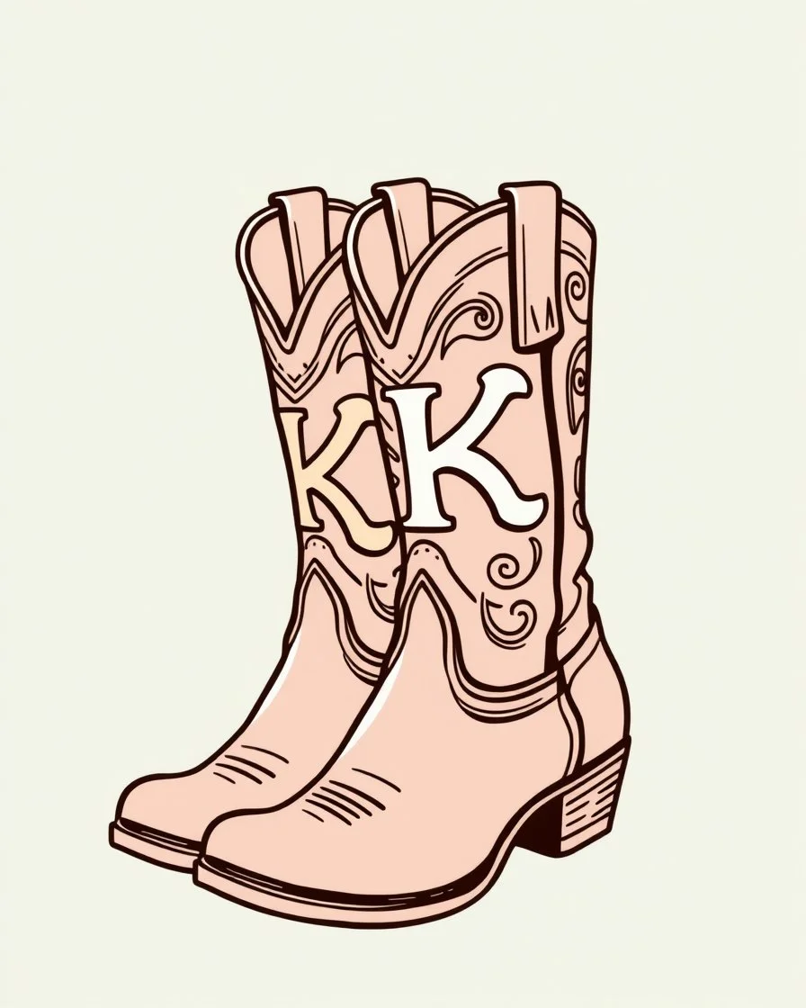 a pair of cowgirl boots with a large "K" in the pattern on the side of the closer boot. Vector illustration with thicker smooth linework