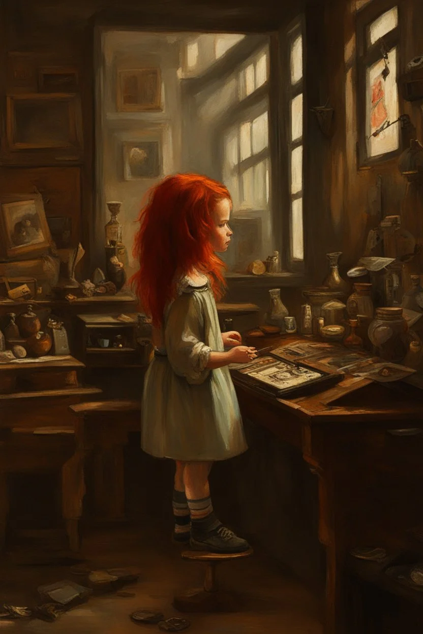 Little girl with red hair in Cyberpunk wunderkammer painted by Vermeer, unsane details, soft colors