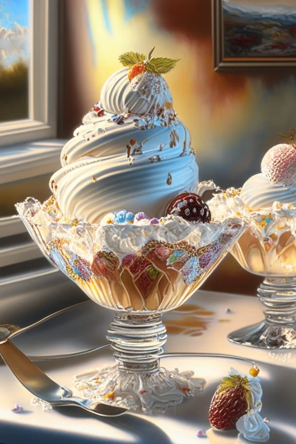 Beautiful ice-cream sundaes on a modern kitchen counter, on embroidered lace, Hyper realistic, oil on canvas award winning fantastic view ultra detailed acrylic art Ultra realistic Impressionism Surrealism simen johan, sharp focus intricate oil on canvas cinematic lighting photorealistic high detail ultra detailed crisp quality in sunshine