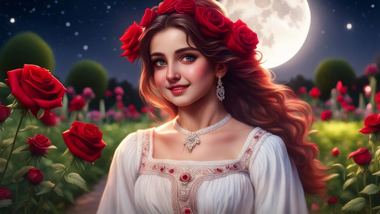 Hyper Realistic close-view of Young Beautiful Happy Pashto Girl & with-beautiful-eyes-&-lips in a white-frock-&-Maroon-ribbon with-a-red-rose-in-her-hair happily-whirling in a beautiful flower garden at-beautiful-full-moon-night & grass-arches showing dramatic & cinematic ambiance.