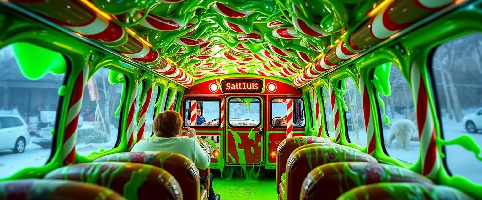 buss driving through a hollow candy cane tube filled with green slime