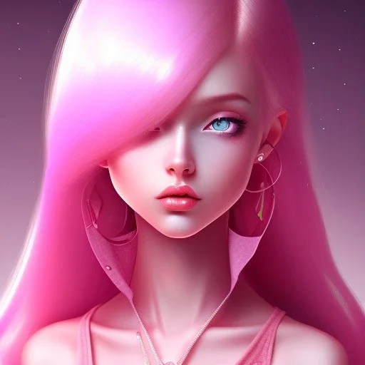 girl, cute, beautiful, long pink hair, side view, looking at burning bodies