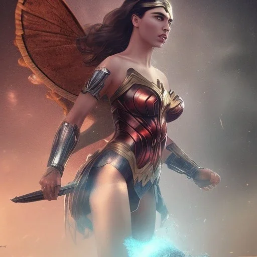 Wonder woman fighting a giant insect monster, futuristic design, a paradise in background, close-up face, geometric armor, female face, 3d unreal engine, black face, close up armor, church detail, lovely face