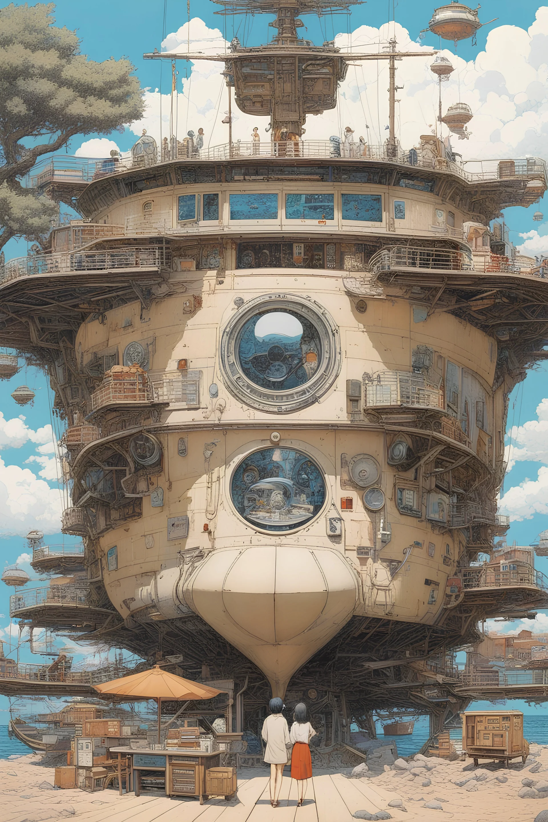 Fabrizio Clerici, Katsuhiro Otomo, Mysterious, strange, surreal, bizarre, fantasy, Sci-fi, Japanese anime, ship cross section, beautiful girl on the seashore, perfect voluminous body, record player, detailed masterpiece