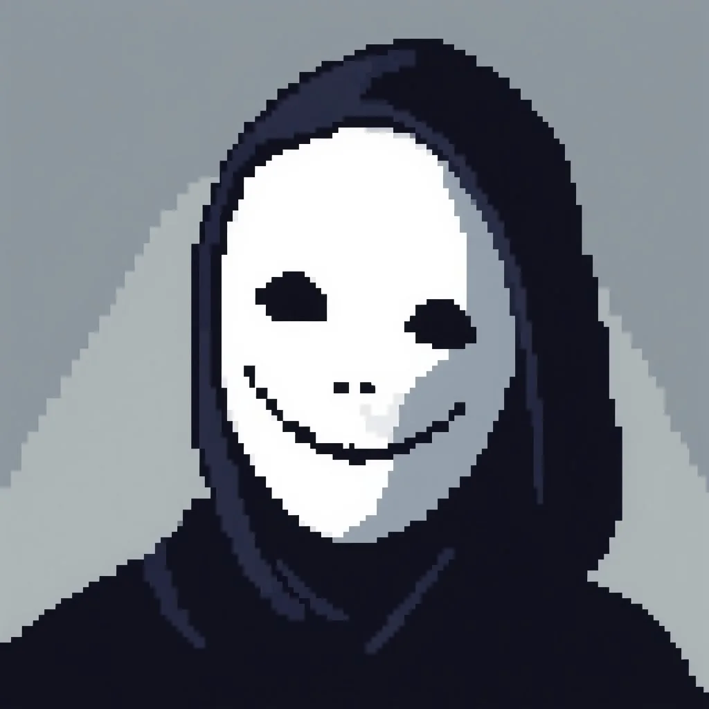 16 bit pixelart of a shadow figure with a white smooth wide smiling mask, no nose, no nose holes, no nostrils