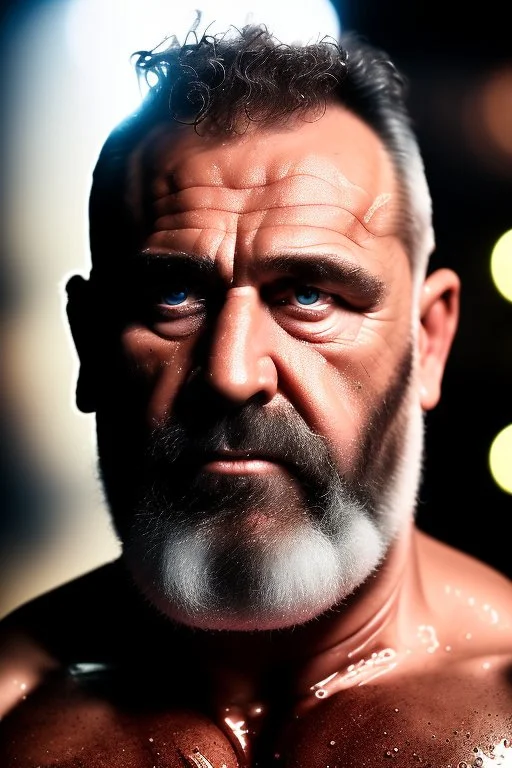 portrait photography of two 58 year old dirty burly strong angry stocky turkish mechanics wet sweat, bullneck, long curly beard, short hair manly chest, white boxer, sitting on an old car at midnight inside a car demolition parking lot, misery and poverty, open legs, photorealistic, look at camera, neon side light, very detailed , view from the ground , ambient occlusion