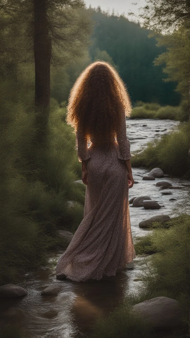 a very beautiful lady curly hair, walks in the forest with a narrow river with clean water and nice rocks on floor. The trees and wild flowers .