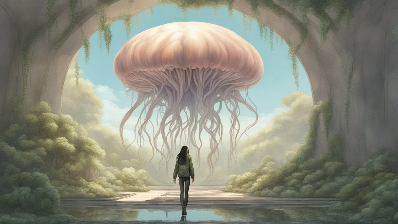 floating alien jellyfish, rampant foliage, and vines, inside a vaulted alien building, woman with black hair in a ponytail, in camouflage trousers and jacket, photorealistic, Intricate Detail, sunny day