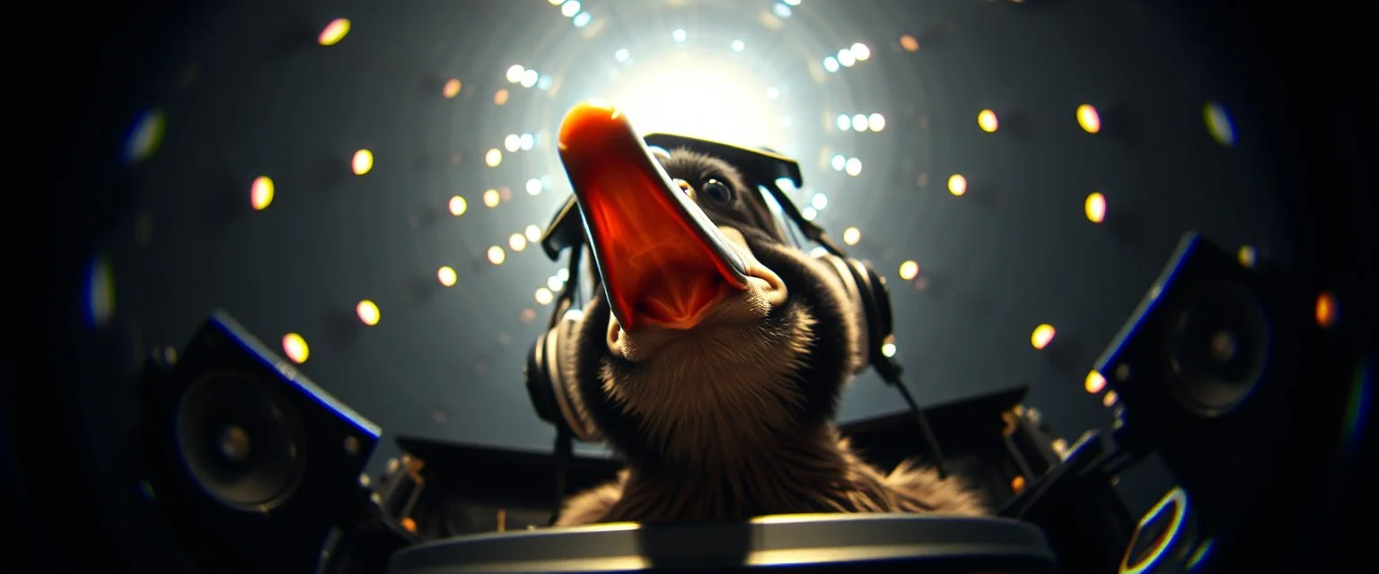 pinhole pic ,weird perspective close up portrait of dj platypus duck pilot looking down on cam, with background in the style of escher and giger, a chill contrapunctus fugue in the style of fsol, beethoven, goa trance breaks, dancefloor drum and bass,