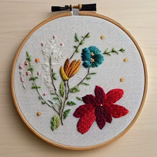 exquisite whimsical australian flowers in embroidery hoop, intricate, highly detailed, linen and wood backdrop