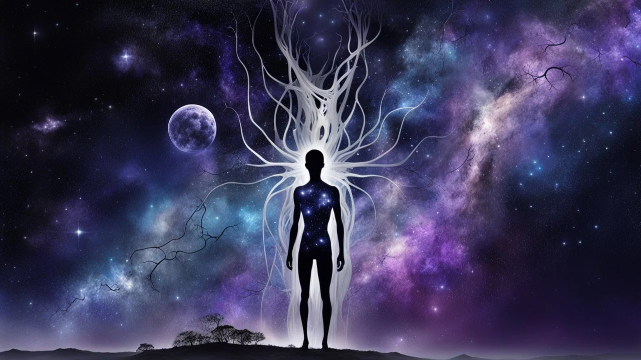 abstract 2d digital art graphic and ink montage,. galaxy in background with nebulas, pale silver gray human nervous system with fade little lights , dark purple, white-dark blue-pale gray and black colors, stunning composition with strange surreal vibe, emotional, abstractions, neurodivergens soul and mind, cinematic, thriller, four little human dark shilouette floatings in universum