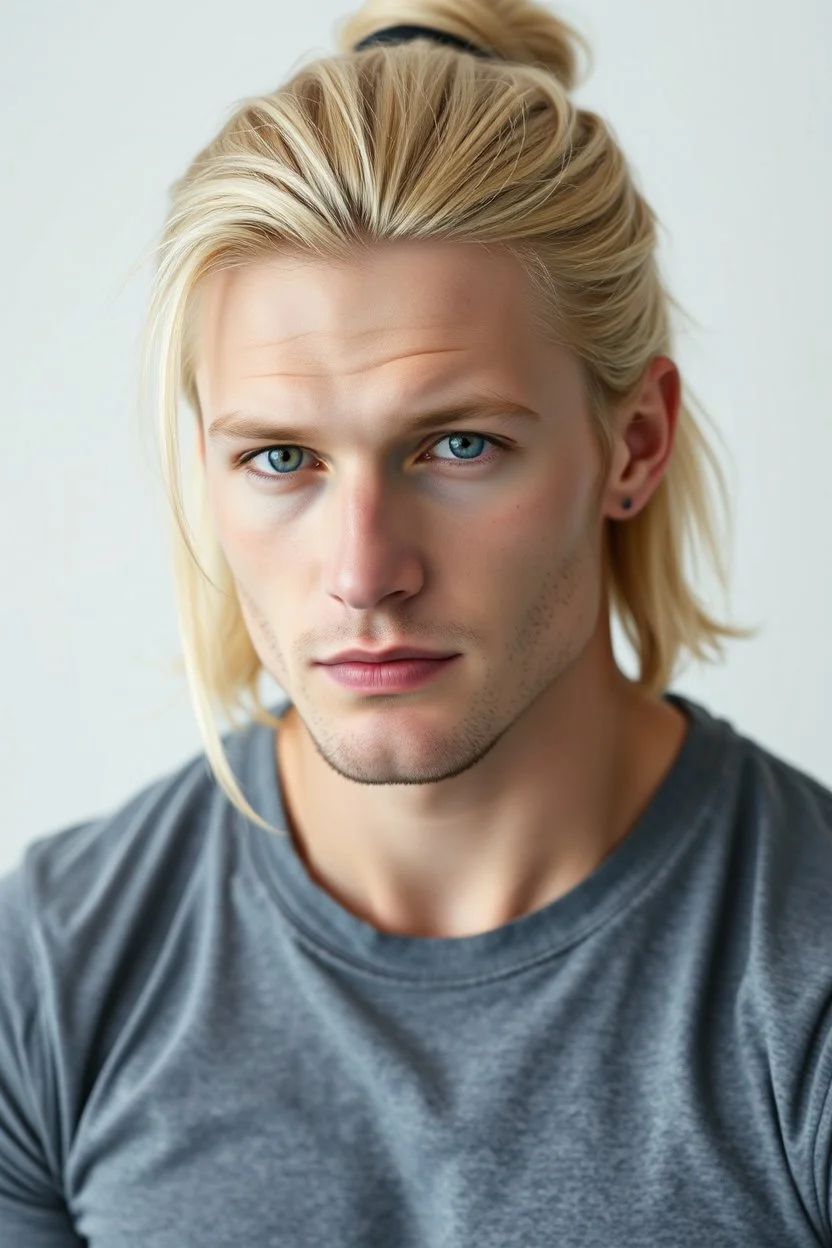 A portrait of an attractive stern ox polar bear braut haaland with wig, shoulder-length blond hair tied in a tight knot, pale skin,light green eyes, muscular build, wearing grey t-shirt