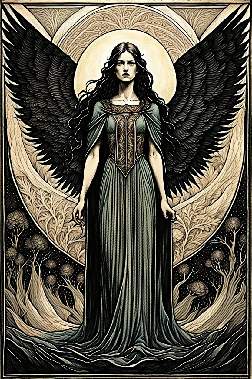 create a deeply evocative, ethereal, and darkly magical full body aquatint illustration of an epic fantasy raven crone with highly detailed and deeply cut facial features, large outstretched wings, body covered in feathers, in the style of EDWARD BURNE-JONES, WILLIAM MORRIS, and KATHE KOLLWITZ combined with the comic art style of BILL SIENKIEWICZ and JEAN GIRAUD MOEBIUS, searing lines and forceful strokes, precisely drawn, inked, and richly colored