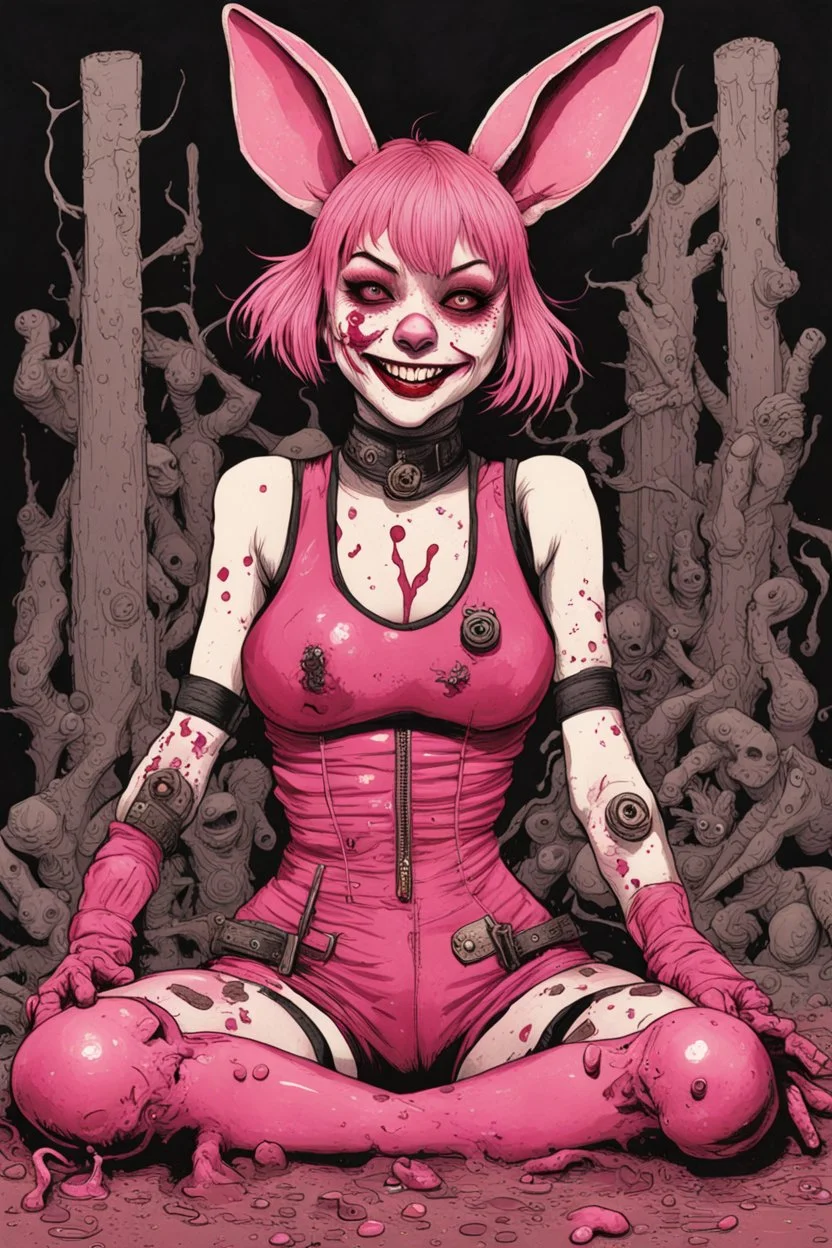 A detailed illustration Tank girl, smiling, lying pose, rabbit mask, pink short hair, latex suit, highly detailed, fullbody, splashes blood, behind guts rising from the ground, papercut illustration by <John Kenn Mortensen>, darkred tones,