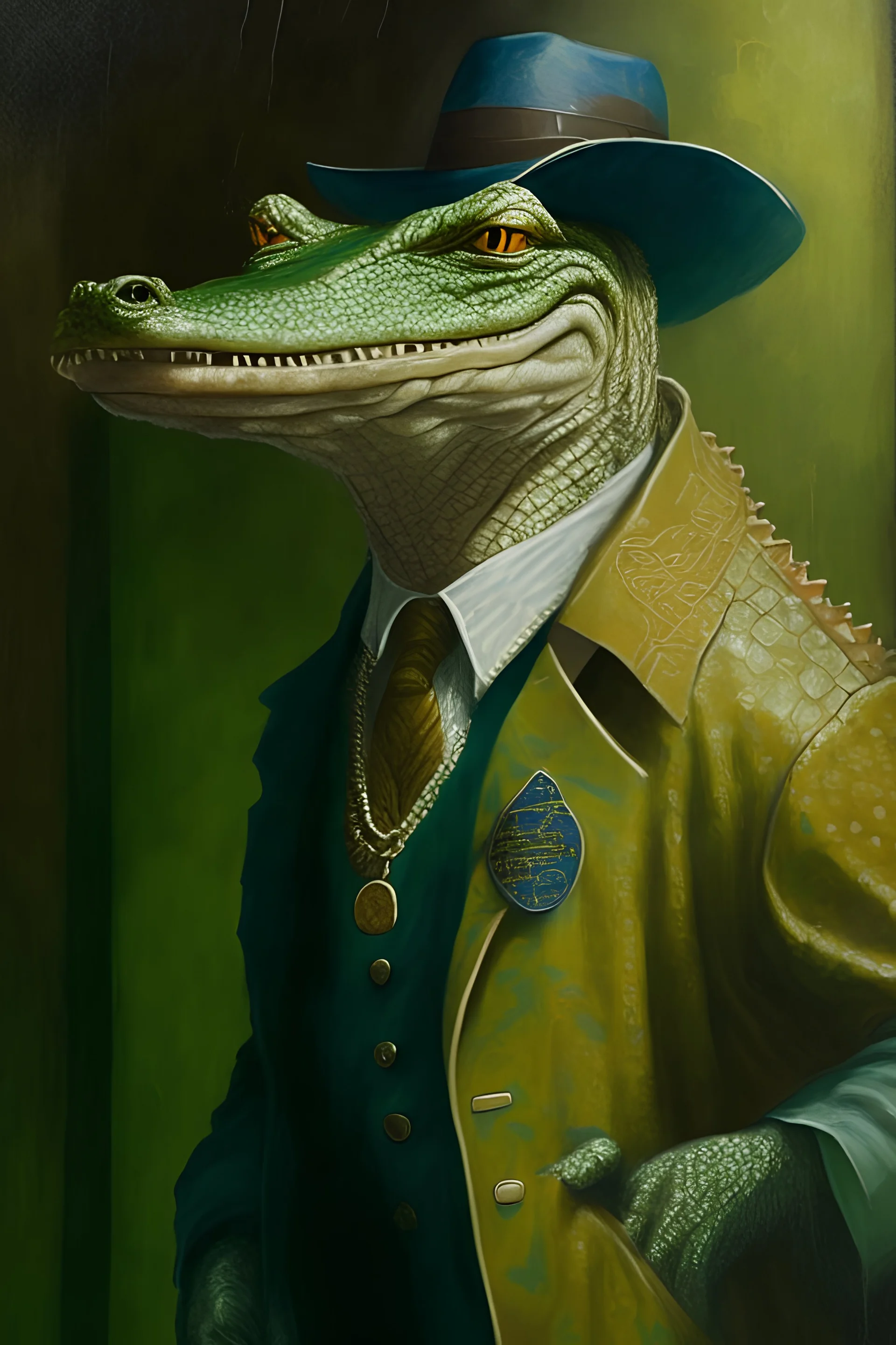 carravaggio painting of an alligator dressed as an Algerian detective