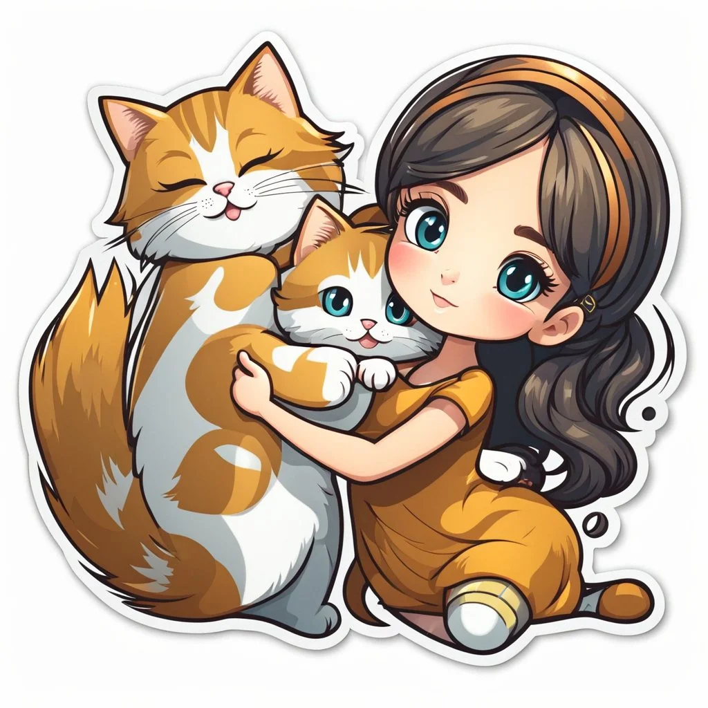 very beautiful sticker like realistic cartoon girl with cat