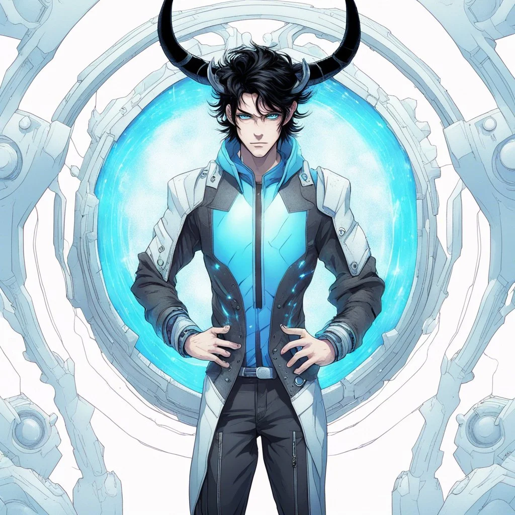 An handsome alien with messy black hair, blue eyes, and horns stepping out of a portal wearing futuristic clothes, colored manga style, intricately detailed