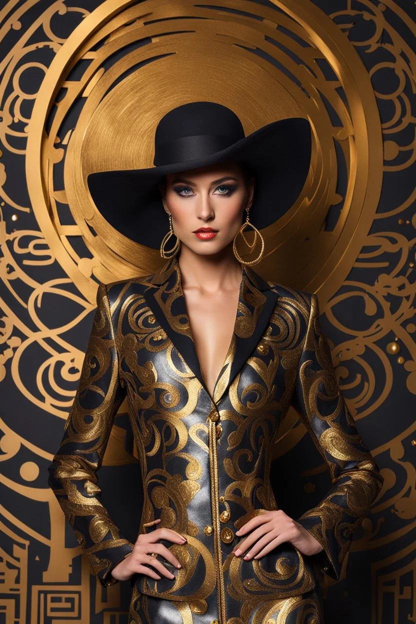 Facing front woman modeling cat walk fashion show in suit adorned with a golden ornaments Klimt-inspired masterpiece.