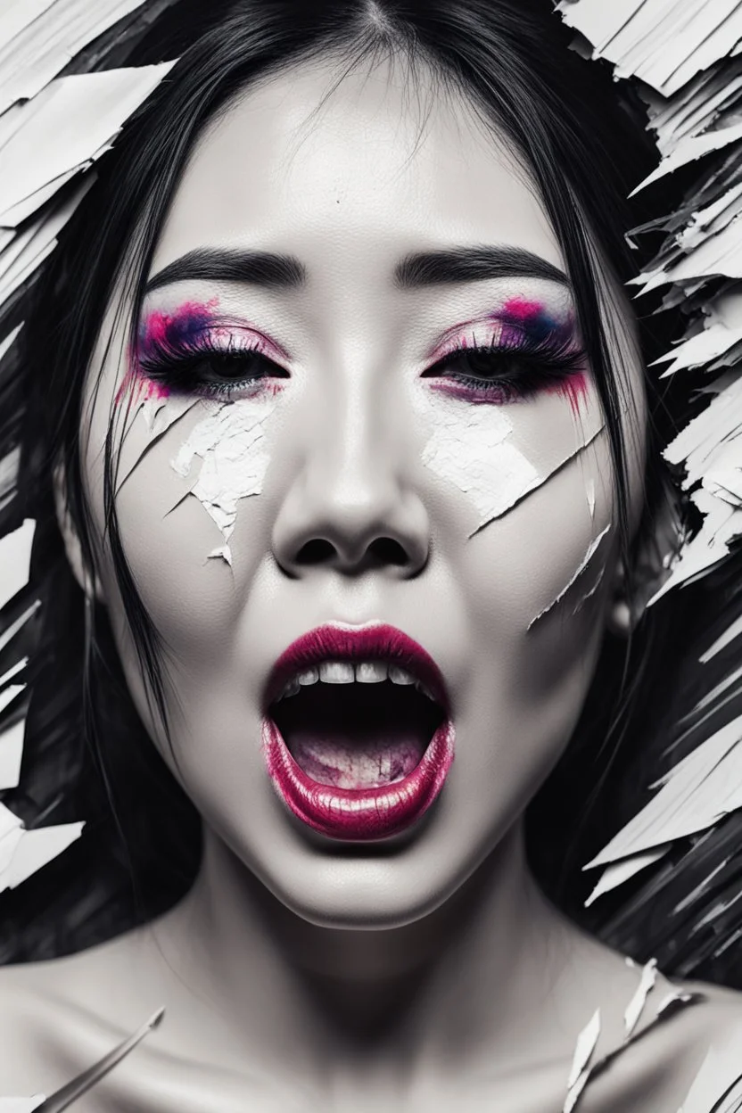 paper portrait of Goth Asian woman, lying pose, face distorted with pain, reverse colors, screaming, tears streaming from eyes, glitchcore, horror, ultra realist texture,