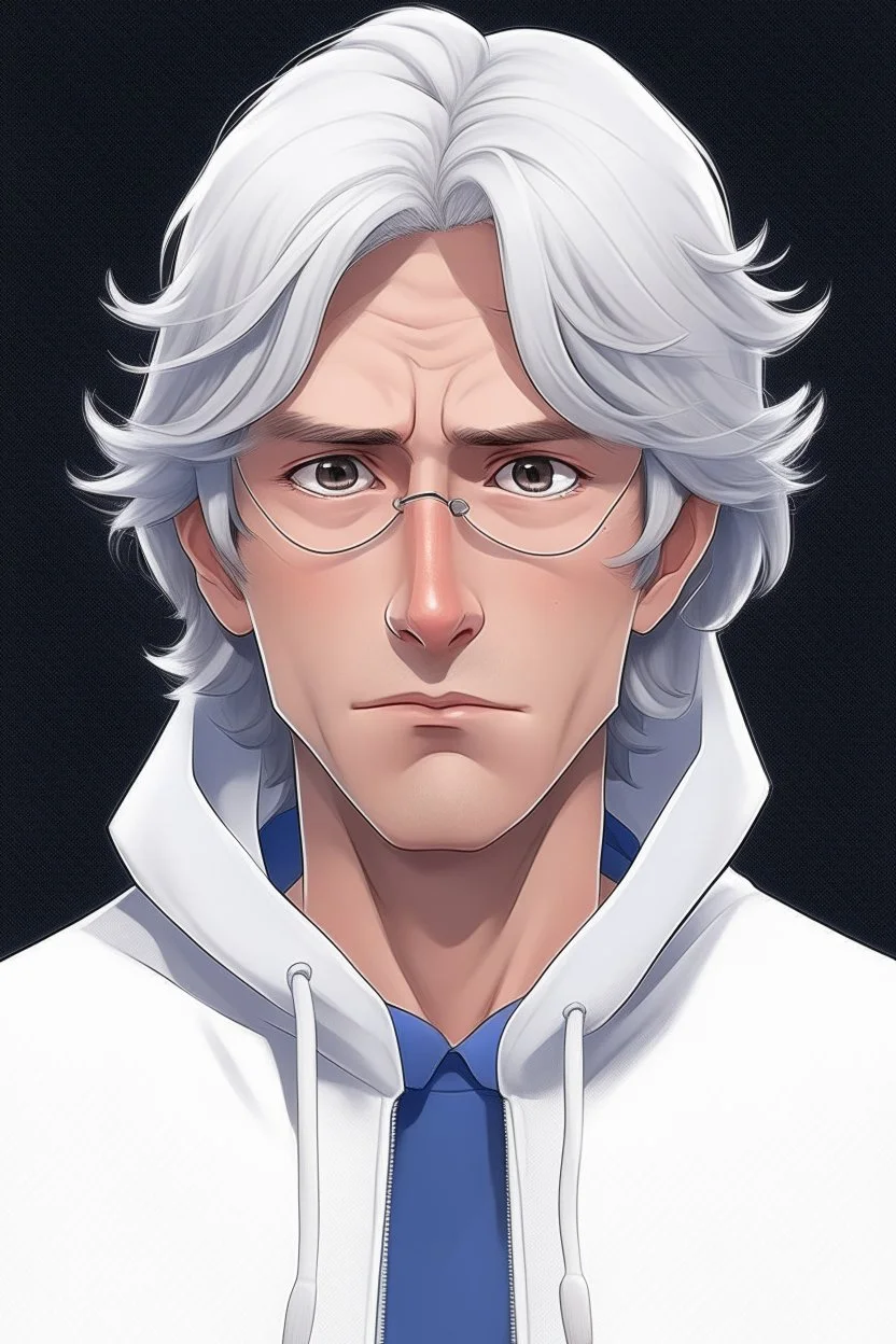 Anime man with glasses, messy white hair, wearing a hooded sweatshirt, realistic