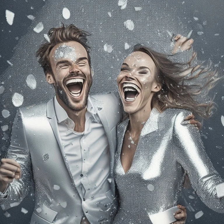 photograph of A happy man and woman with silver confetti and silver outfit