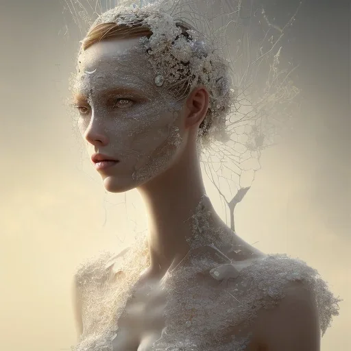 broken, cracked-open porcelain as woman's face, fine detail, highly intricate, wearing bridal veil, modern surrealism painting, defined cracks and breaks, high-quality, volumetric lighting, 8k, ultrahd, George Grie, Marco Escobedo, Igor Morski