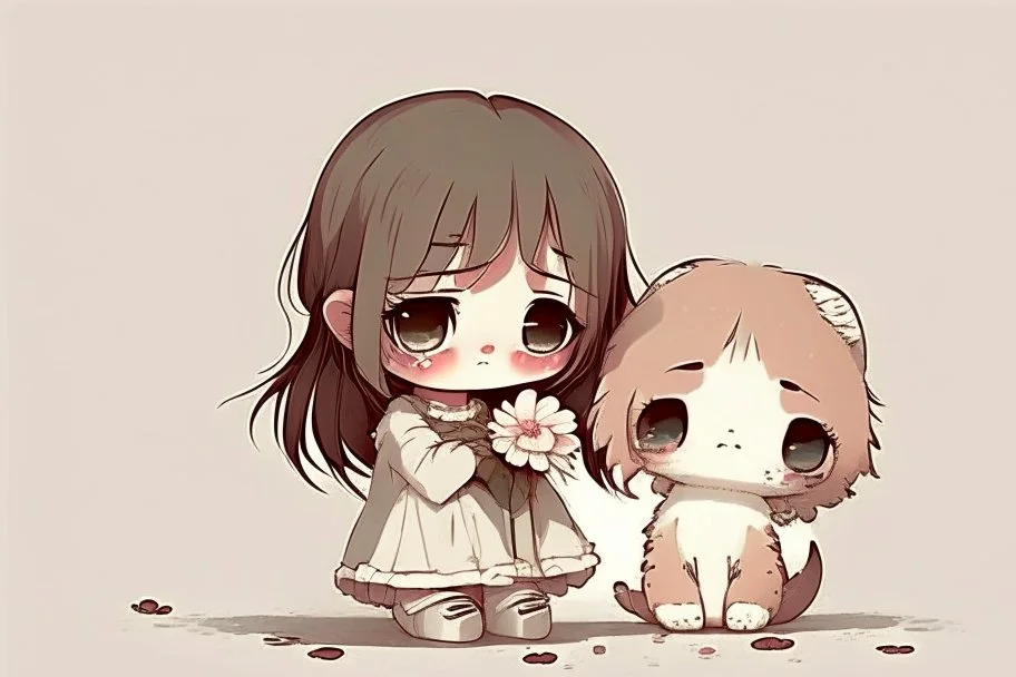 cute sad lonely chibi girl holding a sad flower next to a sad chibi kitten