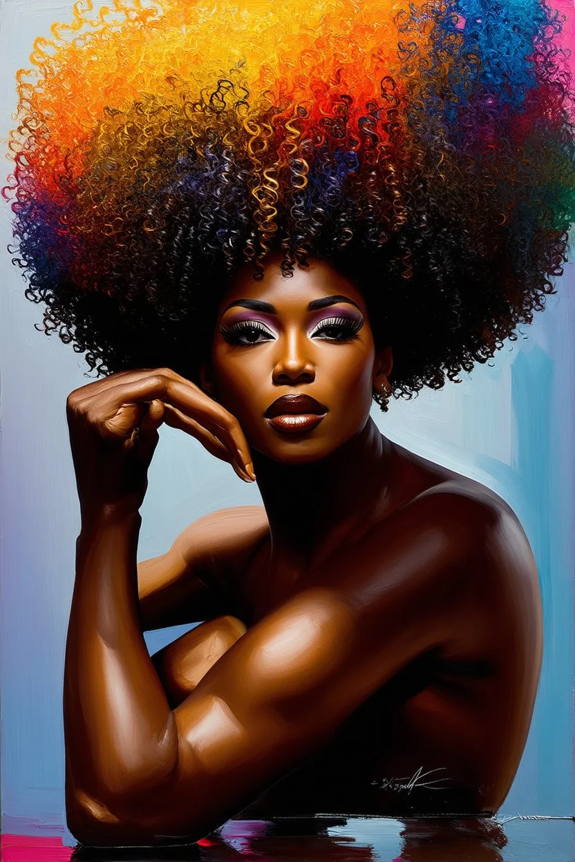In this futurism oil painting, a stunning black woman is the centerpiece, embodying strength, beauty, and pride. She is depicted bending down gracefully, her body curving elegantly, as she holds her voluminous afro hair in her hands. Her face is adorned with prominent makeup, featuring lush lashes that accentuate her expressive eyes. The canvas is filled with vibrant colors, with the woman's afro hair taking center stage. Each curl is meticulously detailed, with a riot of colors cascading down