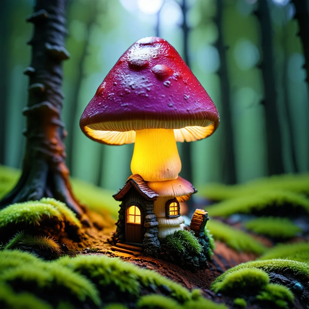 "Close up of a wonderful tiny Mushroom Tower home. Red and yellow with bright white, deep black and contrasting tones of gray magenta and violet colors. Illuminated bioluminescent forest. Professional painter, master at composition. small but detailed. broken, blurred background, voluminous lighting"