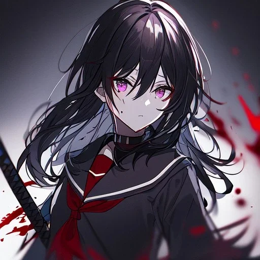 Clear focus, High resolution, rough line sketch art, long black hair, hair between eyes, fluffy hair, purple eyes, wearing a black and red sailor uniform, dark aura, mad, holding katana, bloody mess