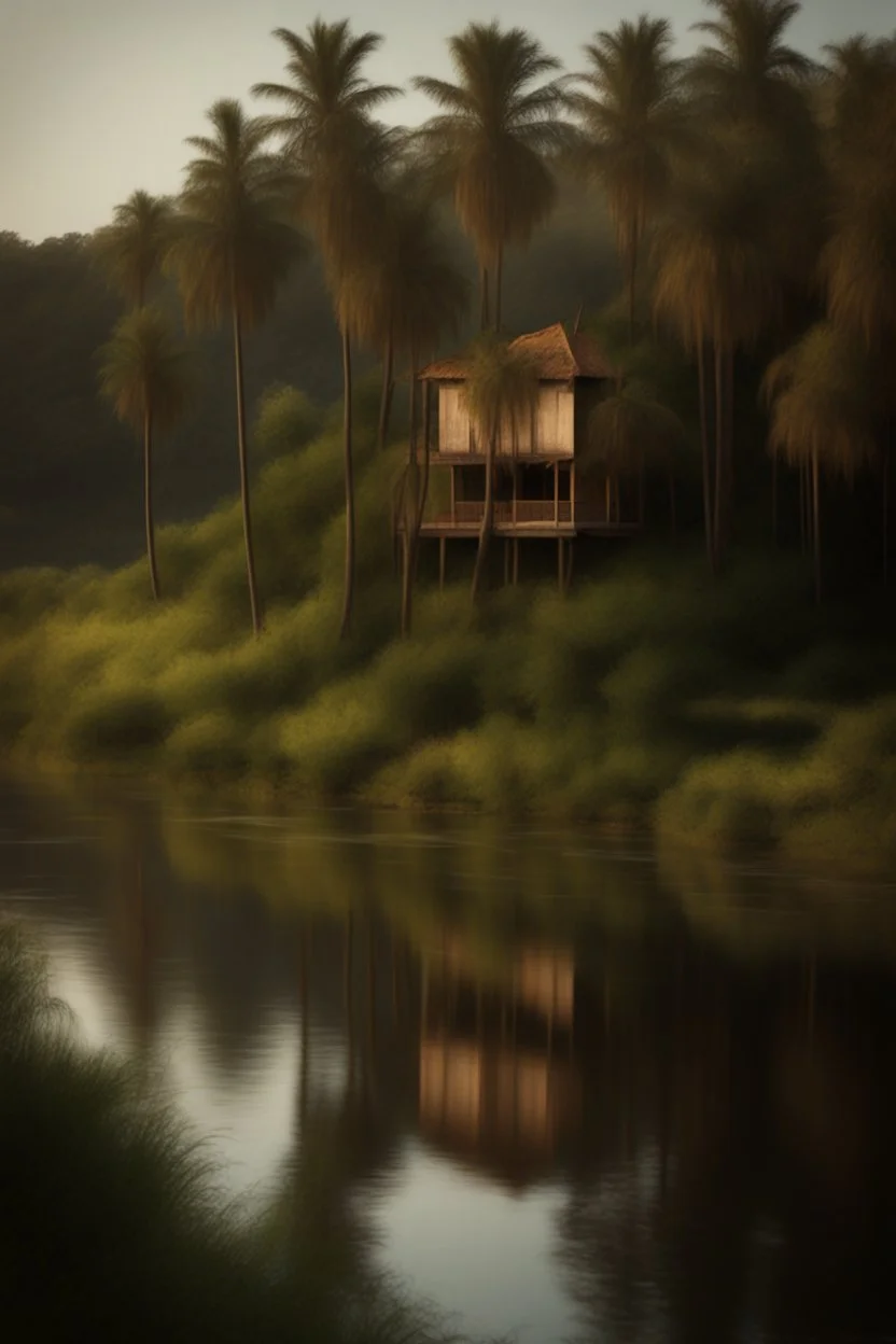 image related to house in the wood by a river bank. Palm Tree on the river bank