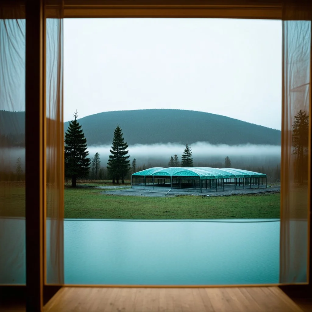 A polaroid photo of an odd room with structures. A transparent tarpaulin covers an image. There is a group of fir trees in the background and a high hill in the distance. A lake. The surface below is in a pastel color. Fog is present.