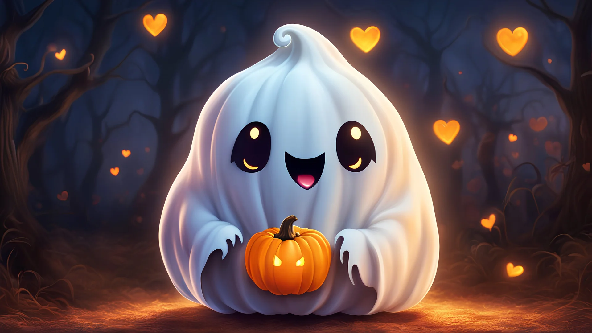 digital art of an adorable ghost, glowing within, holding a heart shaped pumpkin, Halloween, high quality, masterpiece, 8k, super cute, sticker