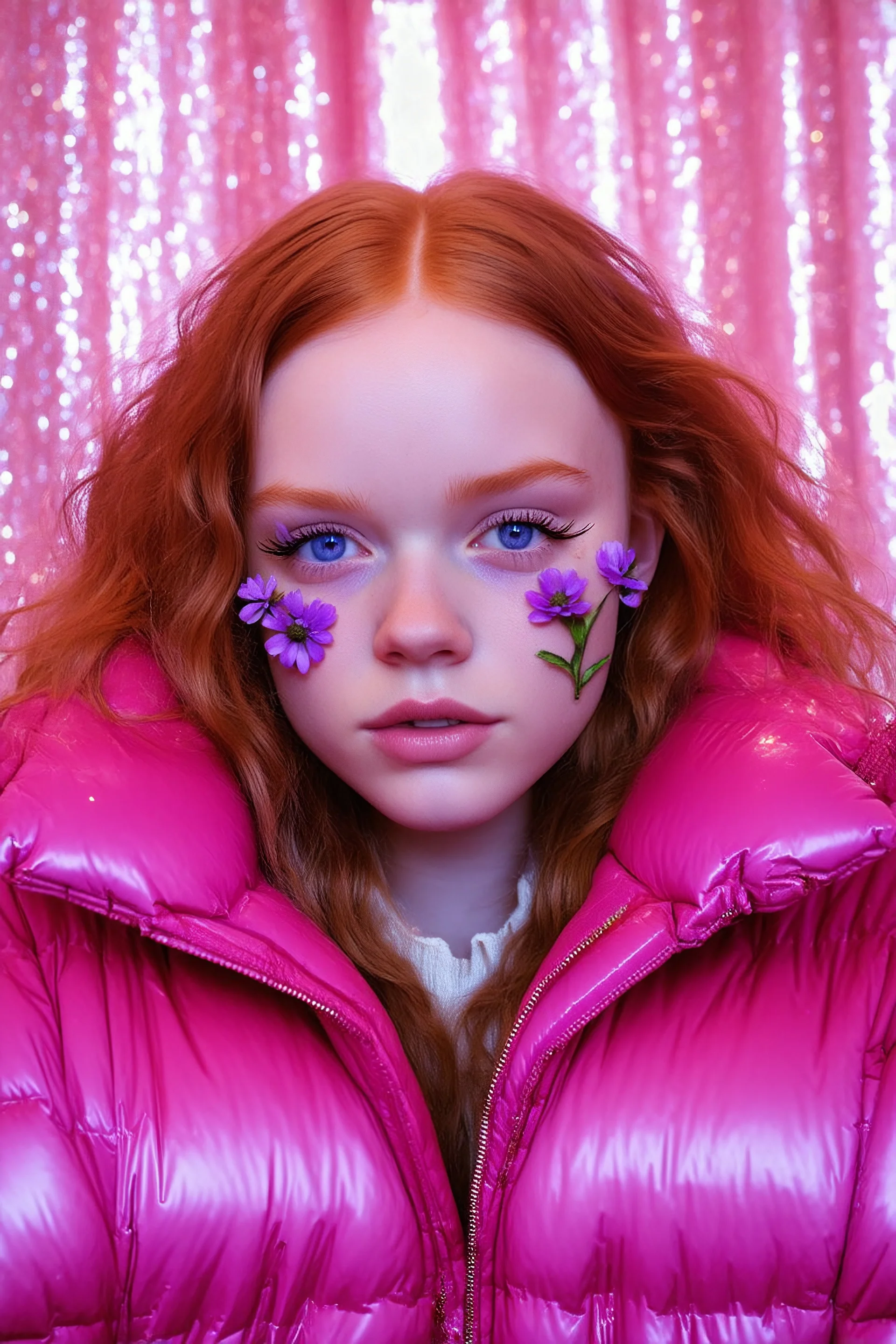 Autochrome of sadie sink, she has flowers on her face, her eyelashes are purple and very long, she is wearing a shiny pink puffer coat, ,the light is pink, à pink curtain in the background with glitter