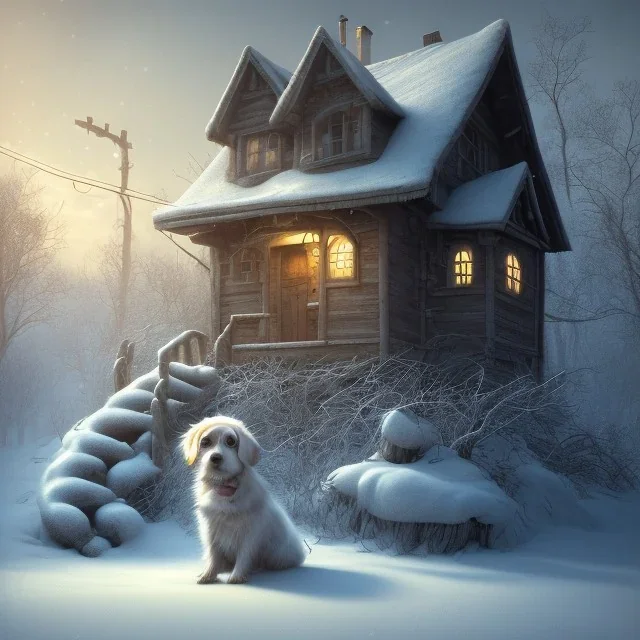 SAD, SCARED, LONELY DOG TIED UP OUTSIDE WITH A HOUSE IN BACKGROUND, WINTER, 8k resolution, high-quality, fine-detail, intricate, digital art, detailed matte, volumetric lighting, illustration, 3D octane render, brian froud, howard lyon, selina french, anna dittmann, annie stokes, lisa parker, greg rutowski