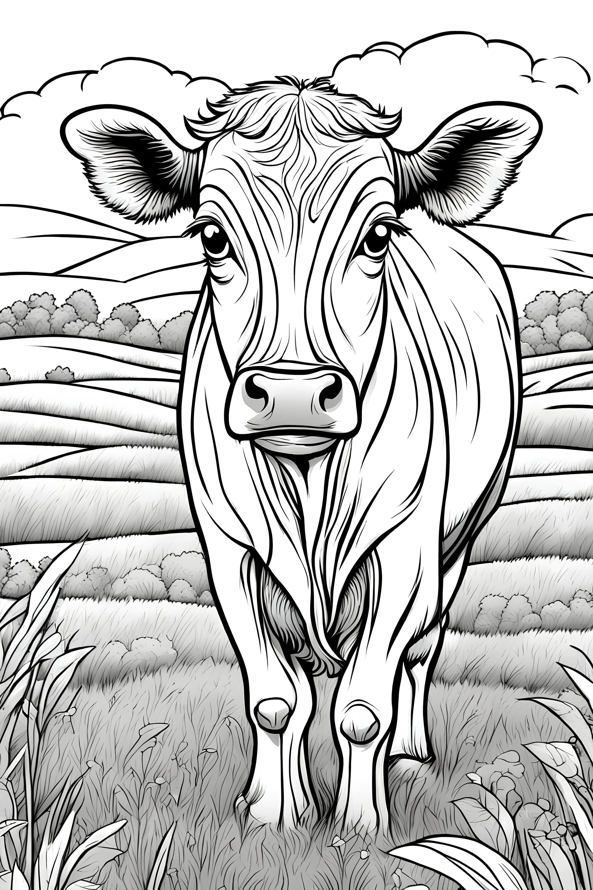 coloring page, cow in a grassy meadow, cartoon style, thick lines, low detail, no shading