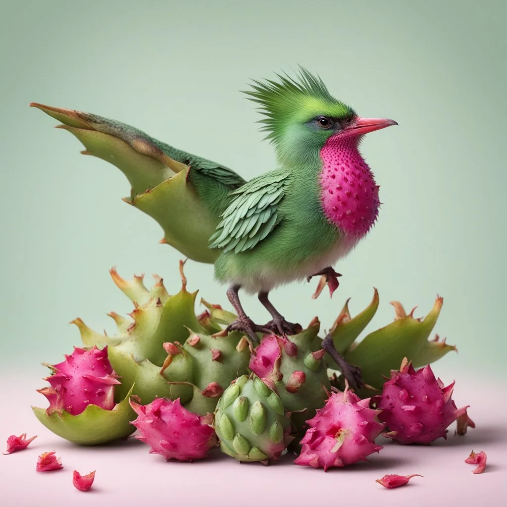 A small bird in light green sitting on several small dragon fruits all on a light background for removal