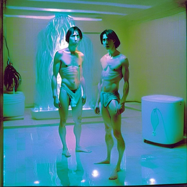 Justin long and his mus boyfriend are standing above thier pool showered spa heater while in tight loincloths and Nickolas is flexing there muscles while illuminated by the ambient teal glowing on the glowing marbled floor made of long flat marble slabs, the ground next to the clinical yard is in the style of primitive art. metalworking mastery, fawncore, the immaculately composed quality of this photo shows the artist was taken with provia, detailed wildlife, isaac grünewald, rustic simplicity