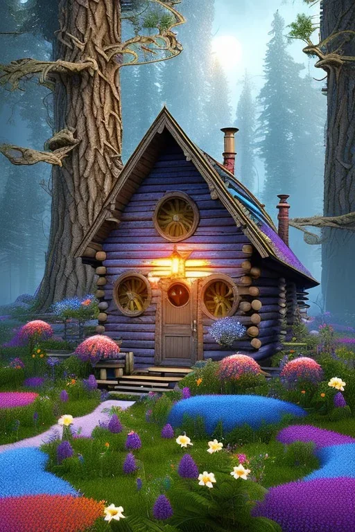 hyper detail, mystical forest, small wooden cabin, purple blue yellow silver teal black olive azure, red, pink, brown, flowers, steampunk,